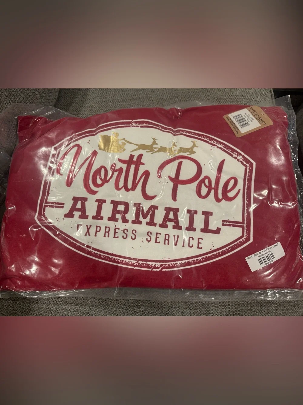 North Pole Airmail Holiday Throw Pillow - Red & White with Gold Accents